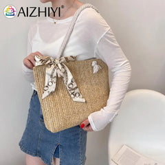 Vintage Women Straw Woven Silk Scarf Shoulder Tote Bag