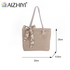 Vintage Women Straw Woven Silk Scarf Shoulder Tote Bag