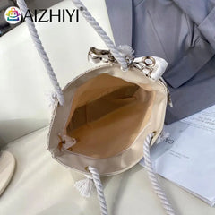 Vintage Women Straw Woven Silk Scarf Shoulder Tote Bag