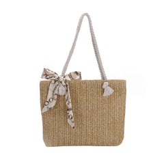 Vintage Women Straw Woven Silk Scarf Shoulder Tote Bag