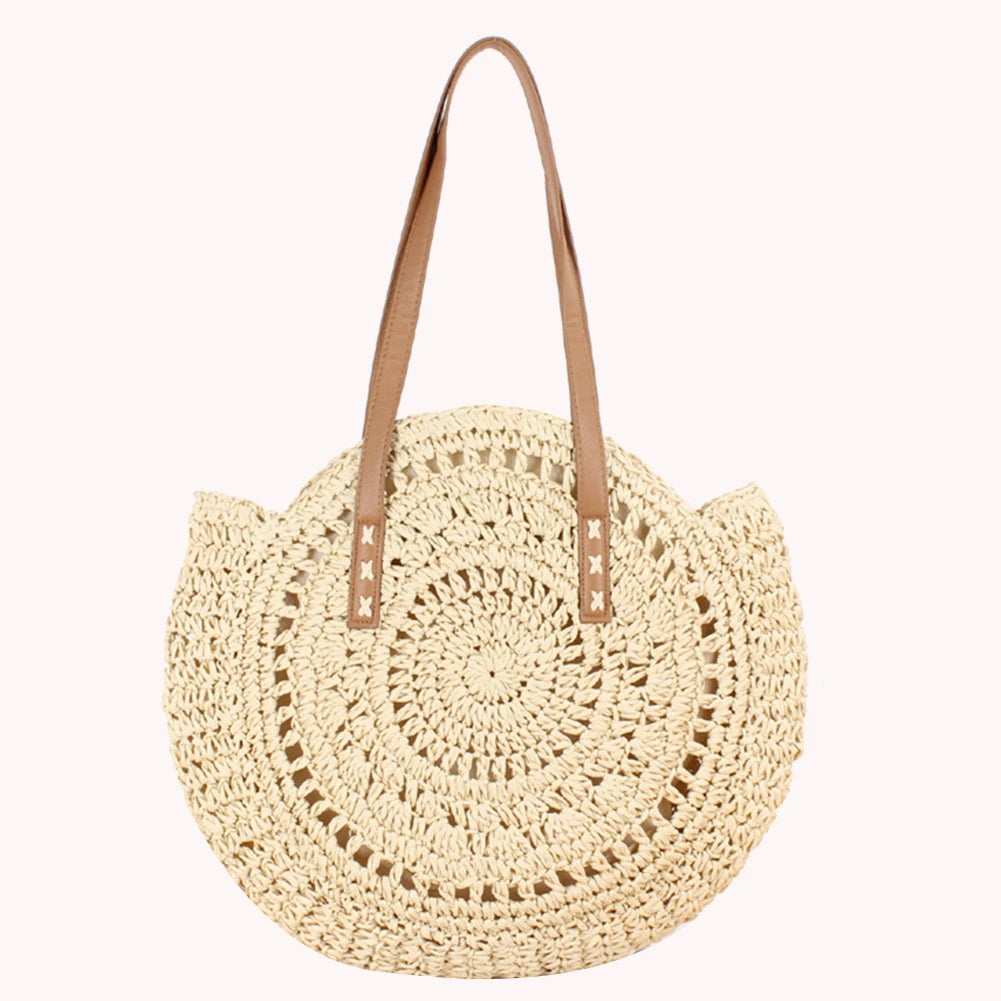 Vintage Straw Woven Round Shoulder Bag Beach Hollow Tote Bags