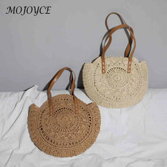 Vintage Women Straw Woven Round Shoulder Bag Beach Hollow Tote Bag