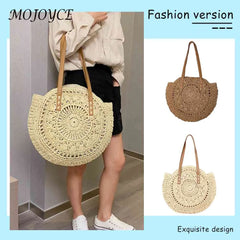 Vintage Women Straw Woven Round Shoulder Bag Beach Hollow Tote Bag