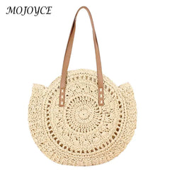 Vintage Women Straw Woven Round Shoulder Bag Beach Hollow Tote Bag