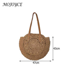 Vintage Women Straw Woven Round Shoulder Bag Beach Hollow Tote Bag