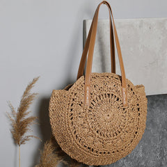 Vintage Straw Woven Round Shoulder Bag Beach Hollow Tote Bags