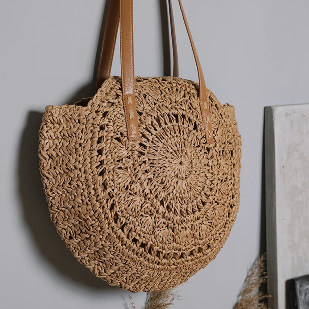 Vintage Straw Woven Round Shoulder Bag Beach Hollow Tote Bags