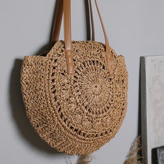 Vintage Straw Woven Round Shoulder Bag Beach Hollow Tote Bags