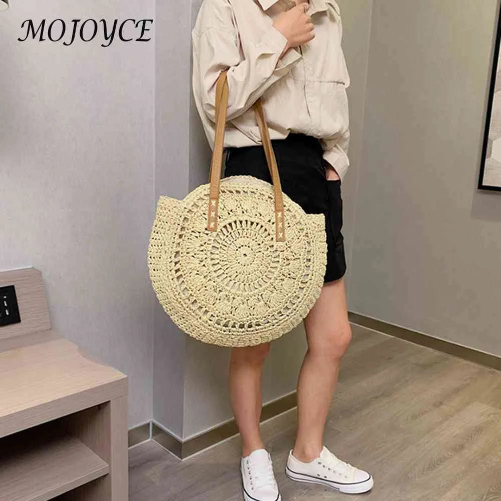 Vintage Women Straw Woven Round Shoulder Bag Beach Hollow Tote Bag
