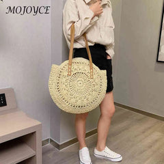 Vintage Women Straw Woven Round Shoulder Bag Beach Hollow Tote Bag