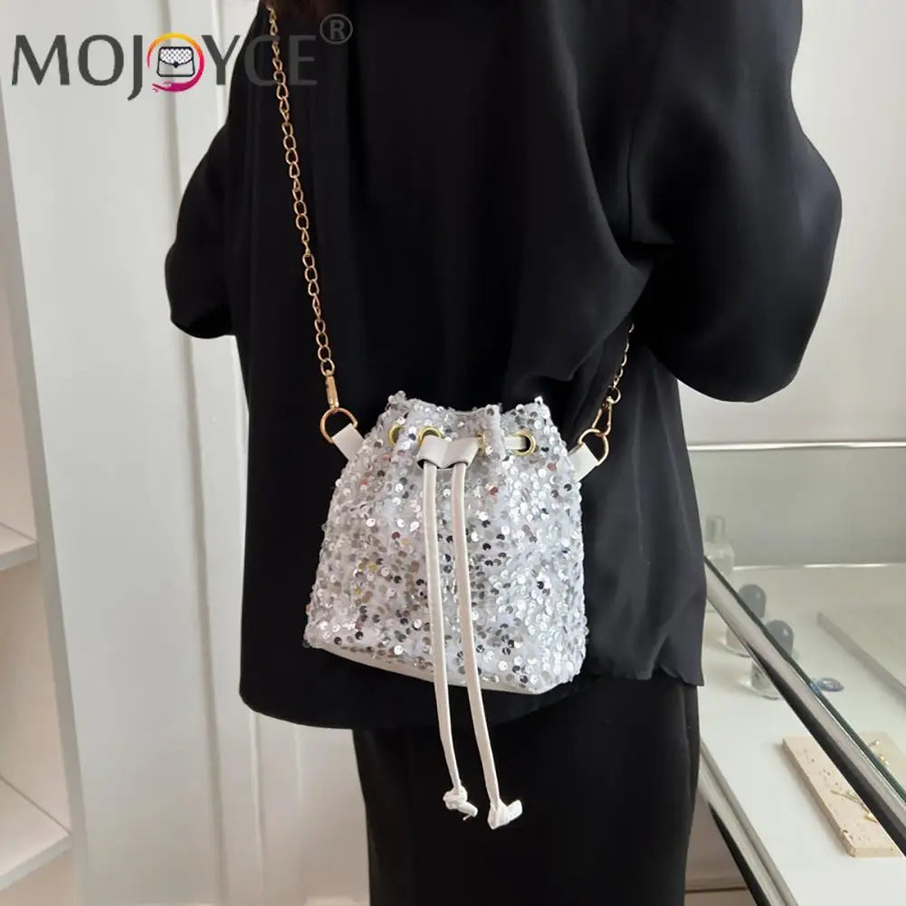 Vintage Women Top-Handle Bag Sequins Drawstring Solid Shoulder Bag