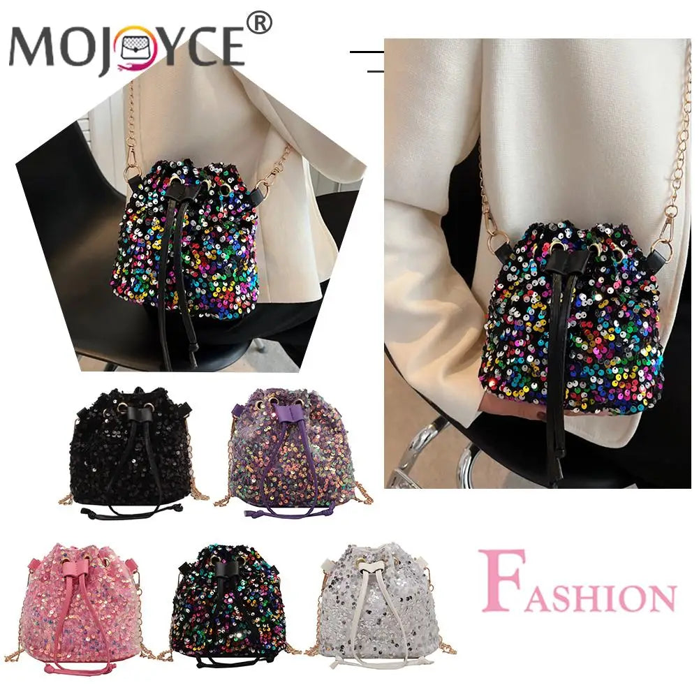 Vintage Women Top-Handle Bag Sequins Drawstring Solid Shoulder Bag