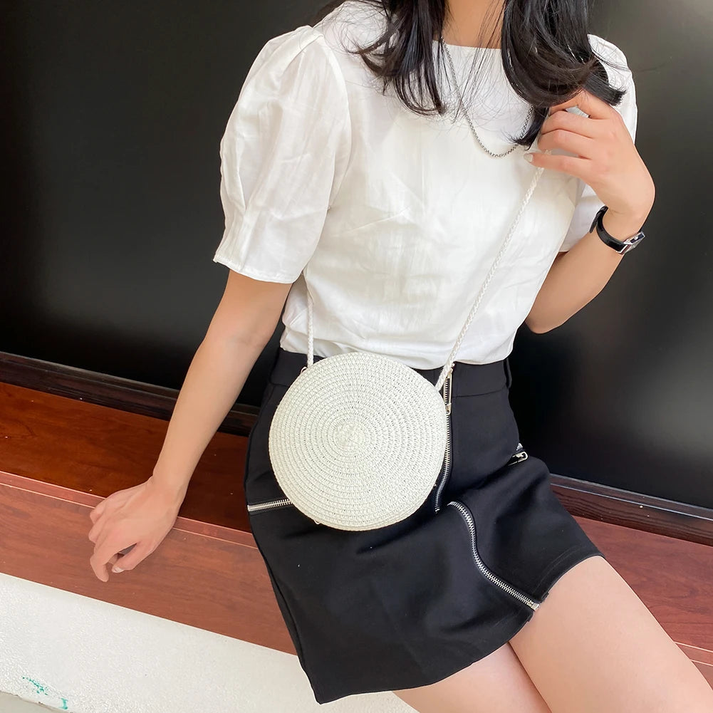 Vintage Round Crossbody Bag Woven Beach Shoulder Bag