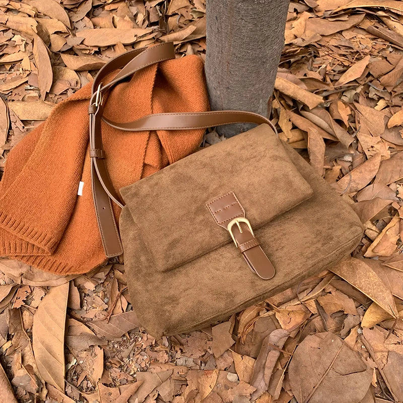 Vintage Faux Suede Shoulder Bag Crossbody Tote Purse Handbag