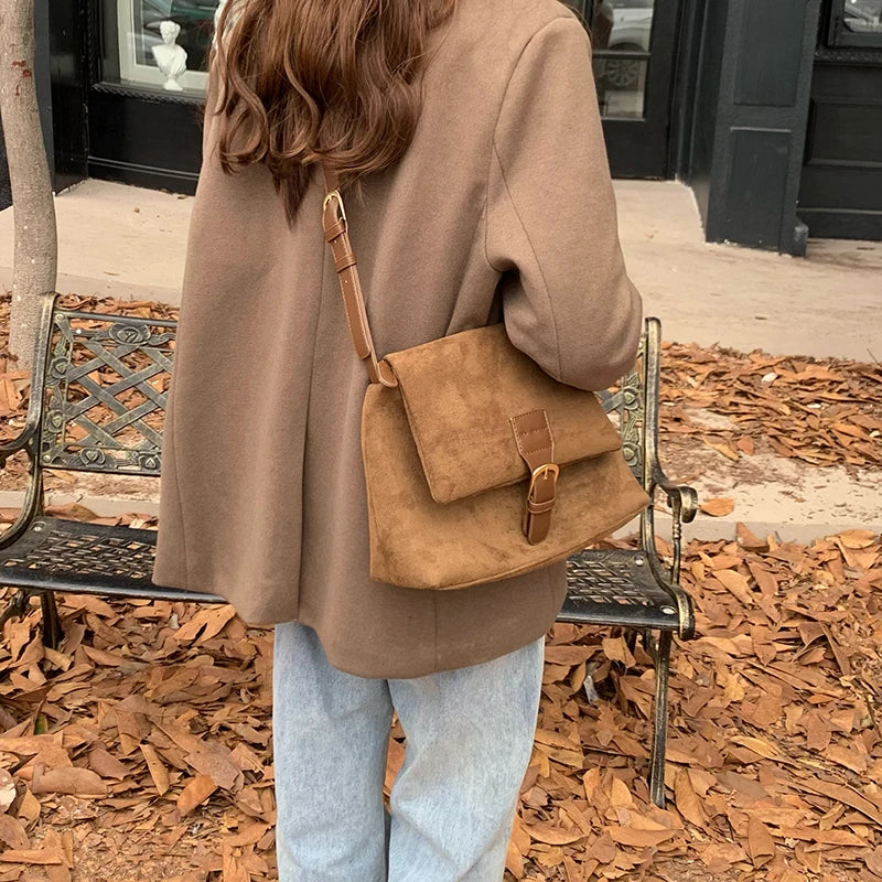Vintage Faux Suede Shoulder Bag Crossbody Tote Purse Handbag