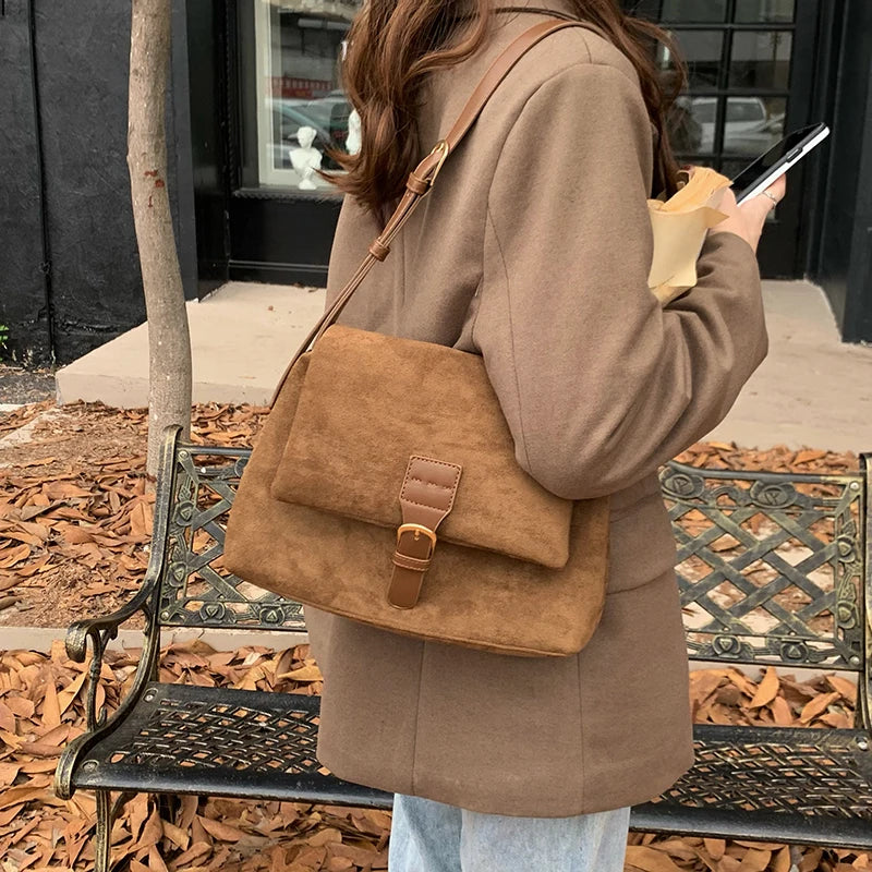 Vintage Faux Suede Shoulder Bag Crossbody Tote Purse Handbag