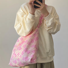 Vintage Women's Pink Flower Jacquard Fold Messenger Bag