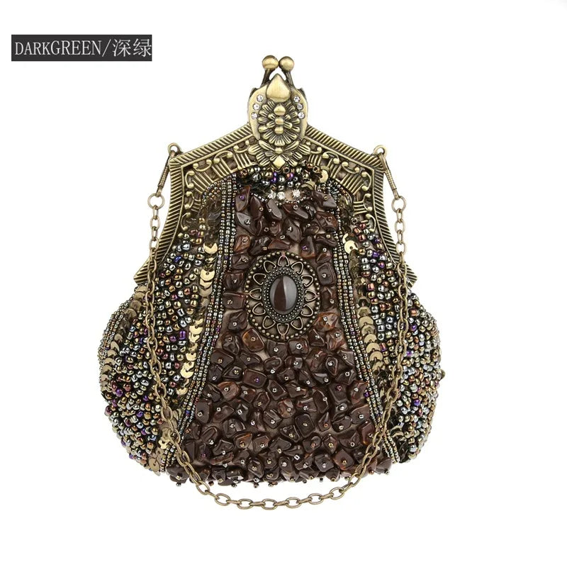 Vintage Beading Stone Clutches Handbag Evening Party Bags Crystal Bling