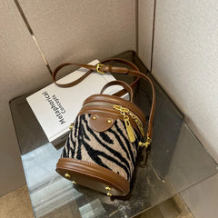 Leopard PU Leather Crossbody Mini Bag for Women Zipper Round Bucket Handbag