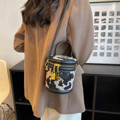 Leopard PU Leather Crossbody Mini Bag for Women Zipper Round Bucket Handbag