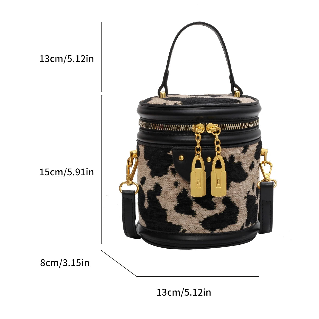 Leopard PU Leather Crossbody Mini Bag for Women Zipper Round Bucket Handbag