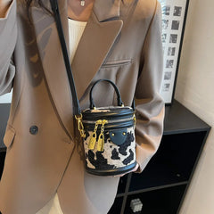 Leopard PU Leather Crossbody Mini Bag for Women Zipper Round Bucket Handbag