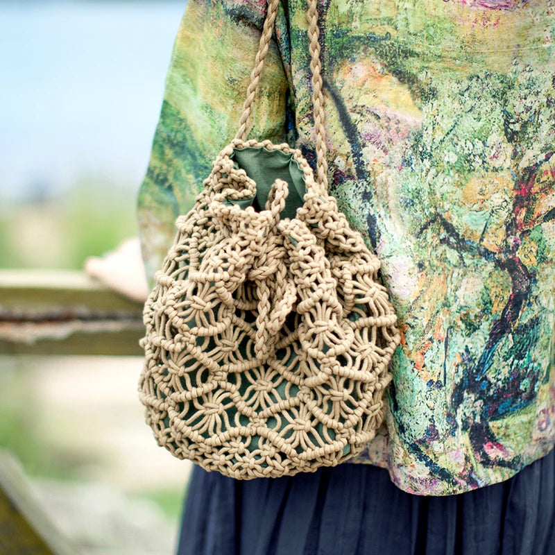 Vintage Woven Backpack Cotton Rope Bucket Small Straw Bag