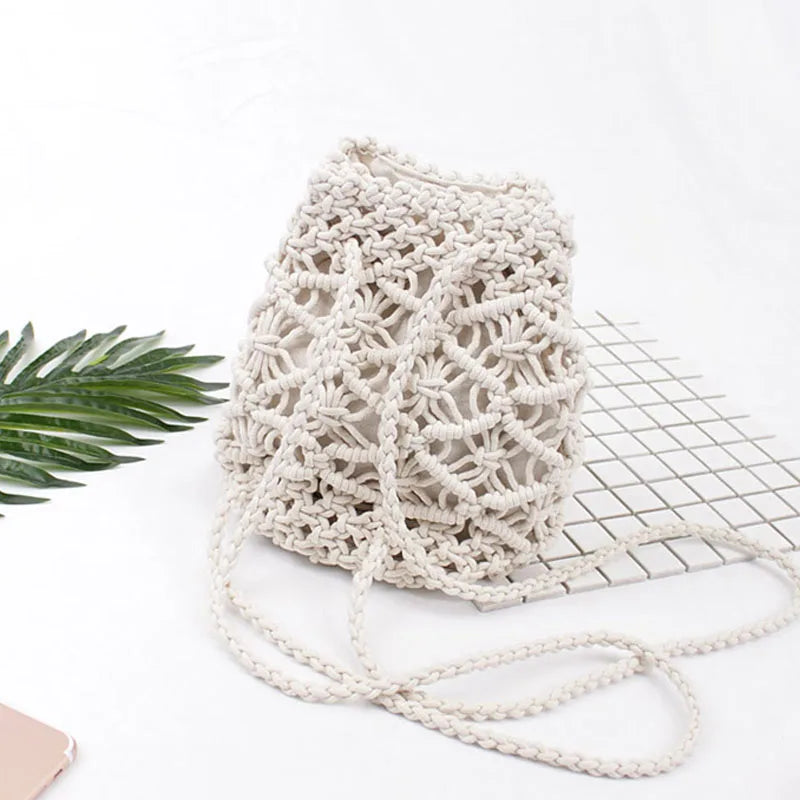 Vintage Woven Backpack Cotton Rope Bucket Small Straw Bag