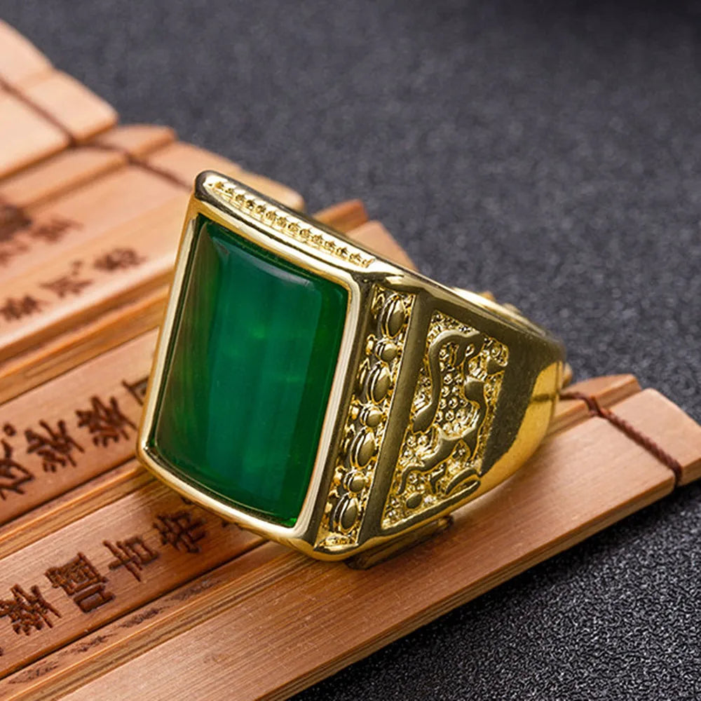 Vintage Green Jade Gemstone Bague Ring for Men Tone Band Agate B