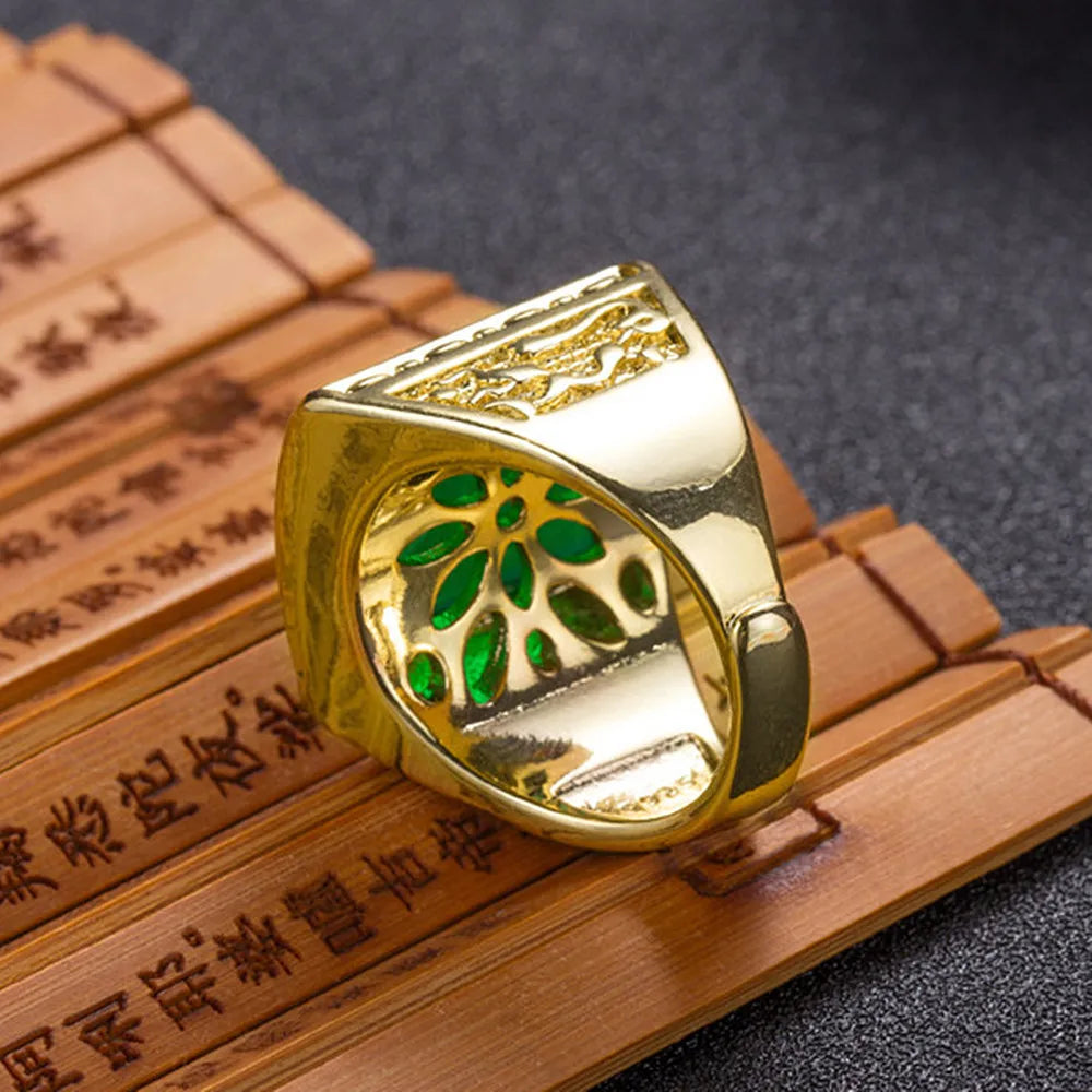 Vintage Green Jade Gemstone Bague Ring for Men Tone Band Agate B