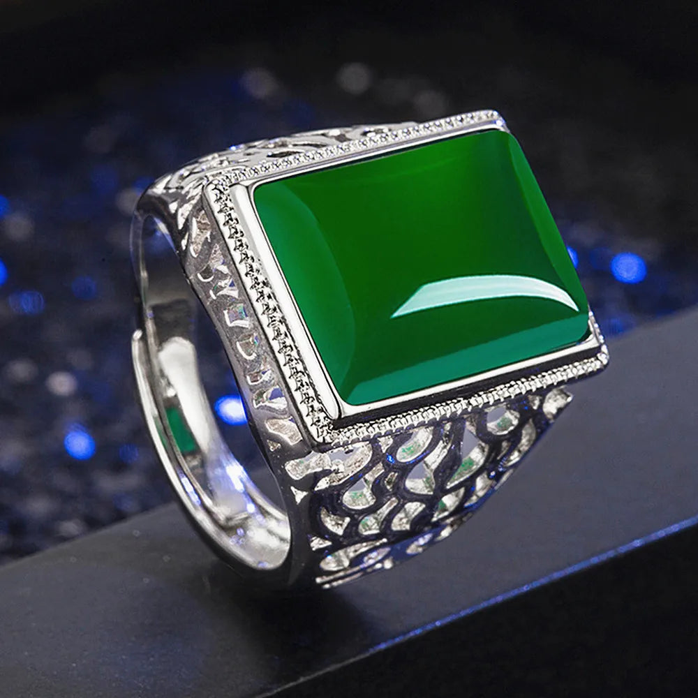 Vintage Green Jade Gemstone Ring for Men Silver Jewelry