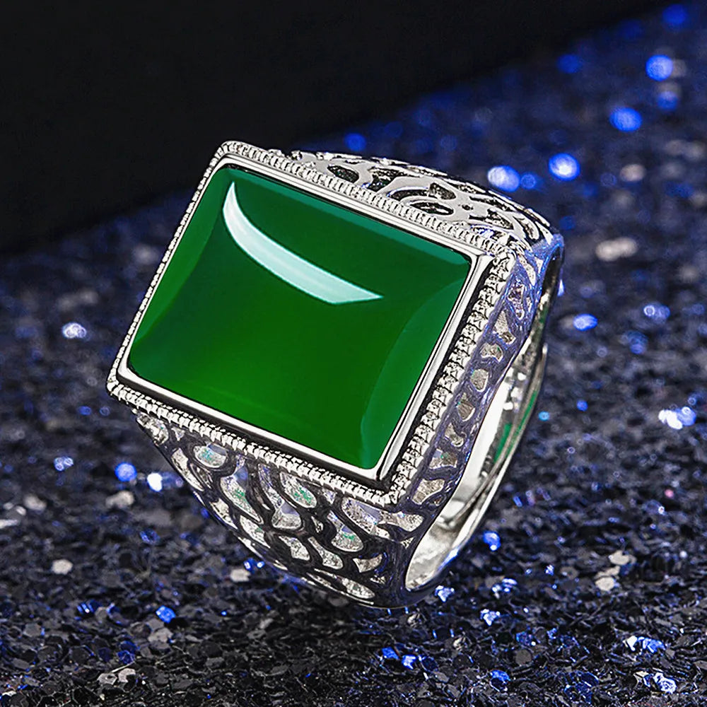 Vintage Green Jade Gemstone Ring for Men Silver Jewelry