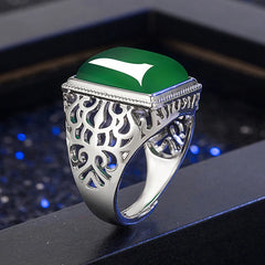 Vintage Green Jade Gemstone Ring for Men Silver Jewelry