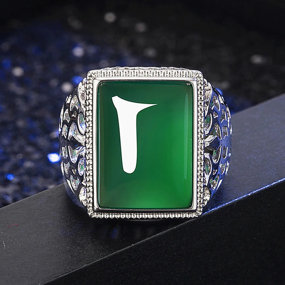 Vintage Green Jade Gemstone Ring for Men Silver Jewelry