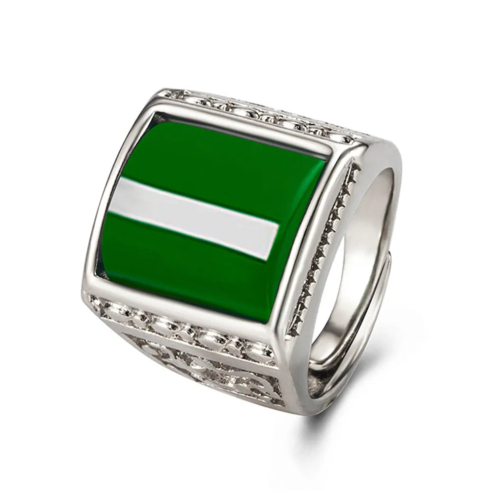 Vintage Square Green Jade Emerald Gemstone Ring for Men