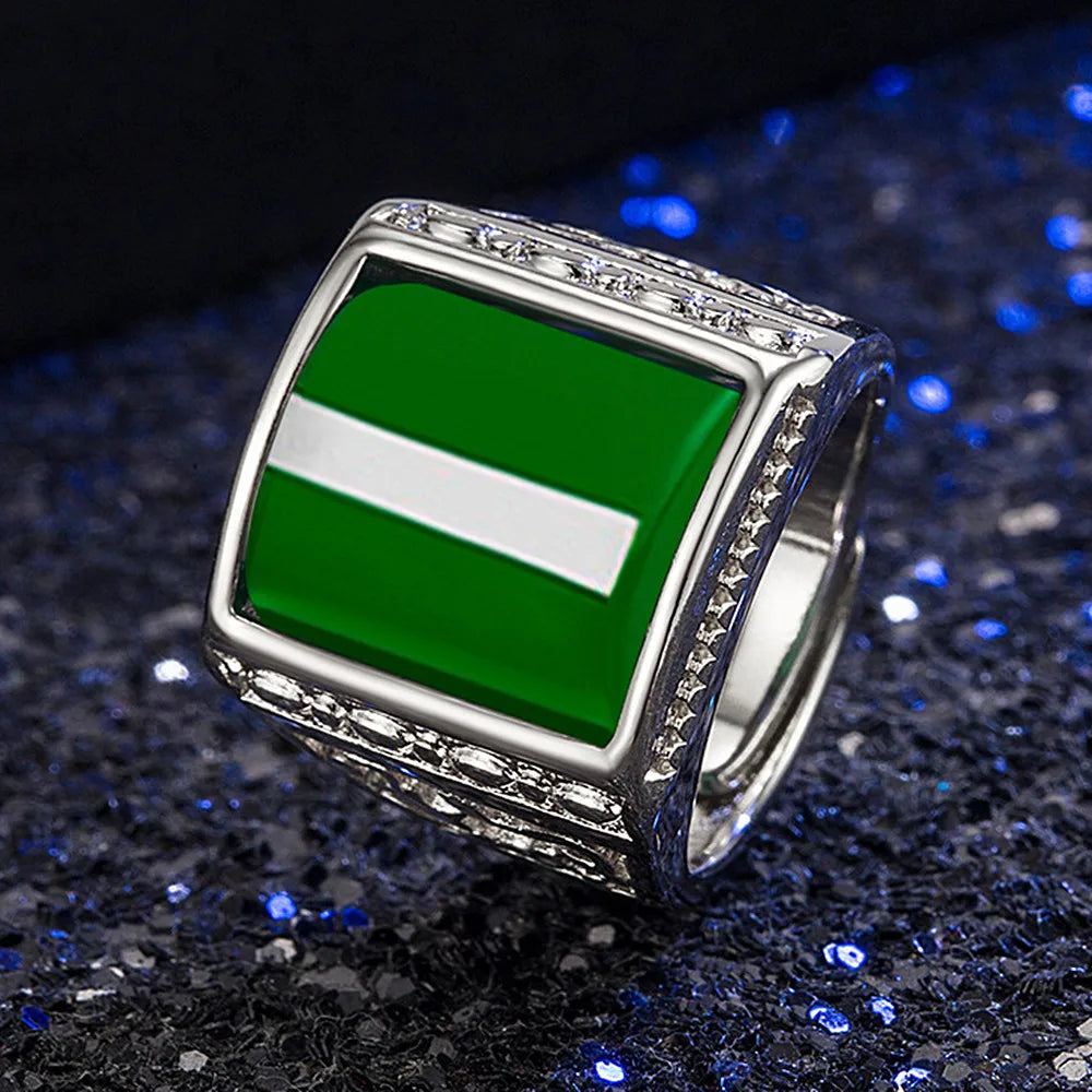 Vintage Square Green Jade Emerald Gemstone Ring for Men
