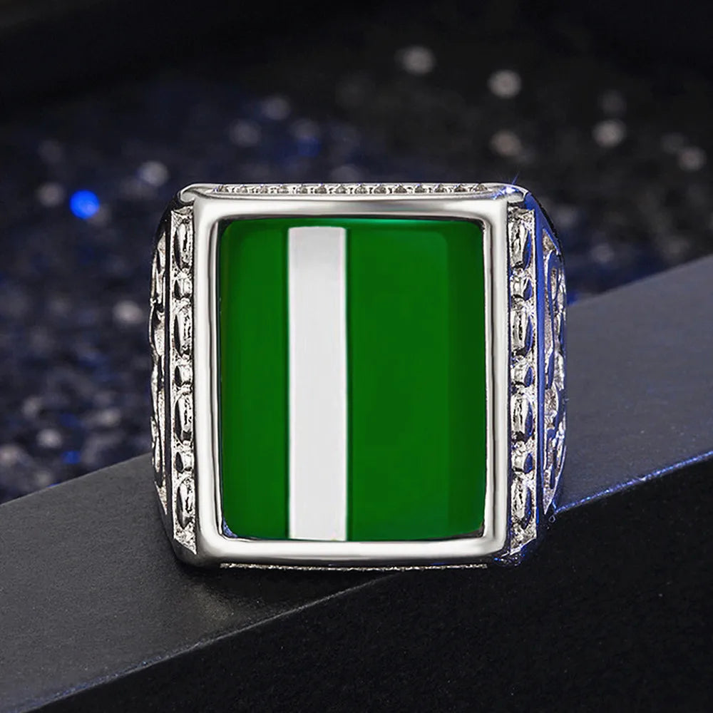 Vintage Square Green Jade Emerald Gemstone Ring for Men
