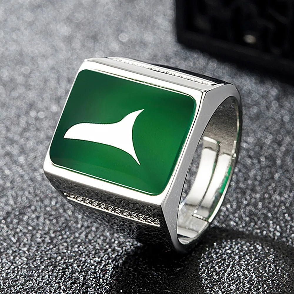 Vintage Green Jade Gemstone Silver Ring with Zircon Diamonds
