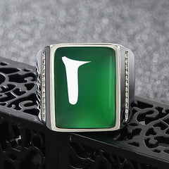 Vintage Green Jade Gemstone Silver Ring with Zircon Diamonds