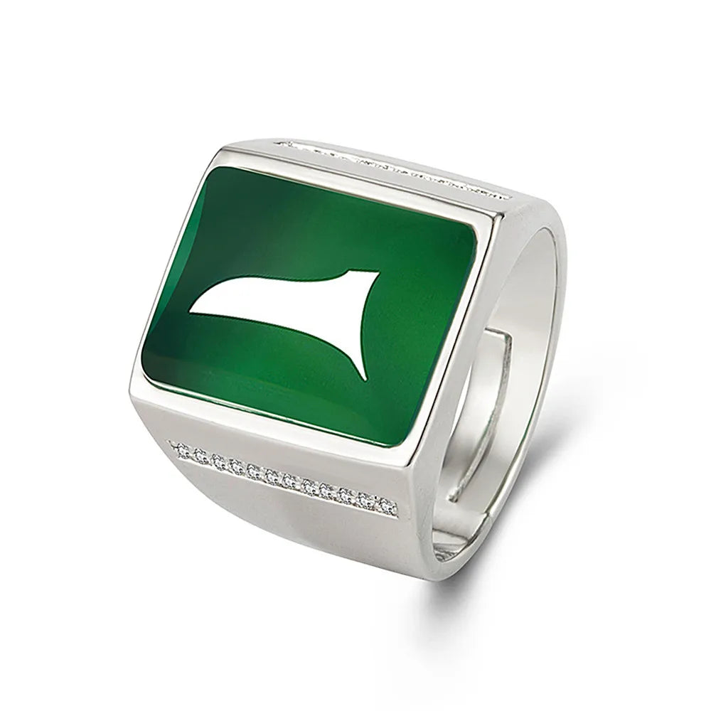 Vintage Green Jade Gemstone Silver Ring with Zircon Diamonds