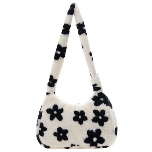 Vintage Plush Fur Flower Shoulder Bag Winter Casual Small Armpit Bag