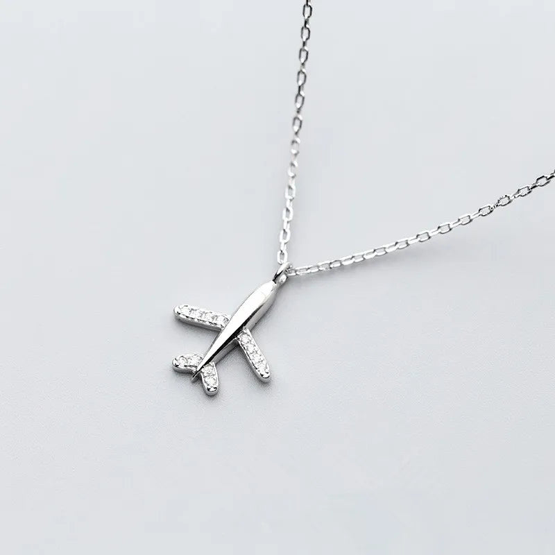 925 Silver CZ Airplane Pendant Necklace for Women
