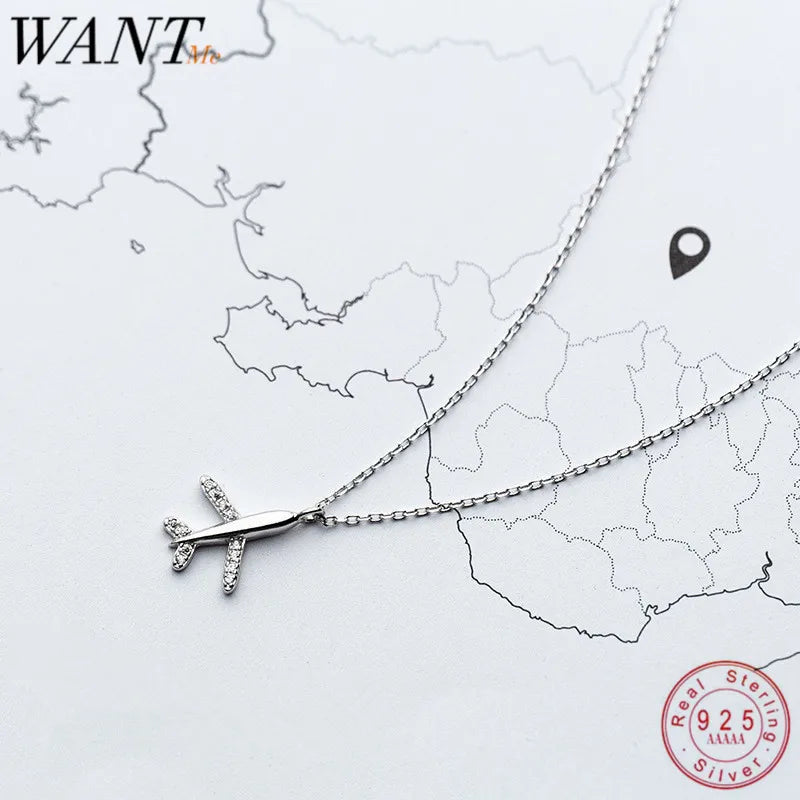 925 Silver CZ Airplane Pendant Necklace for Women
