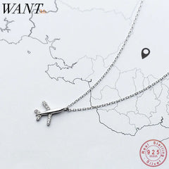 925 Silver CZ Airplane Pendant Necklace for Women