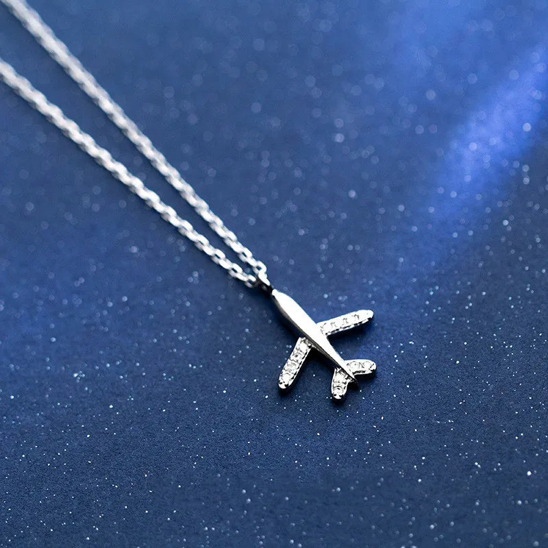 925 Silver CZ Airplane Pendant Necklace for Women