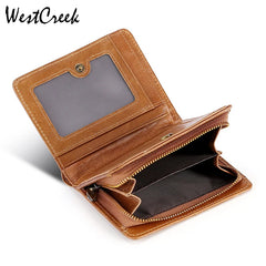 RFID Blocking Leather Men Short Wallets Vintage Oil Wax Leather Men Coin Zipper