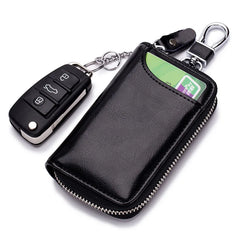 Oil Wax Leather Car Key Smart Wallet w/ Zipper Key Ring Organizer