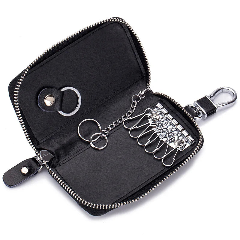 Oil Wax Leather Car Key Smart Wallet w/ Zipper Key Ring Organizer