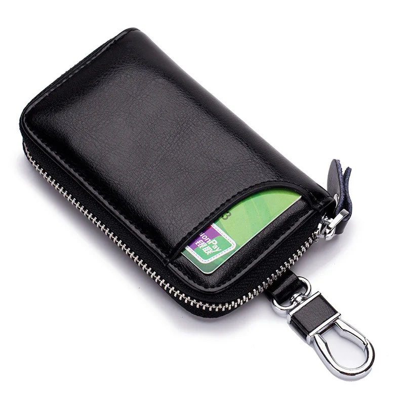 Oil Wax Leather Car Key Smart Wallet w/ Zipper Key Ring Organizer