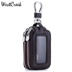 Litchi Cowhide Car Key Wallet Double Zipper Organizer Key Chain Holder